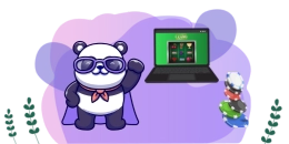 Ein cooler Panda im Superhelden-Kostüm winkt vor einem Laptop, auf dem ein Online-Casino-Spiel läuft. Neben dem Panda liegen Spielchips.