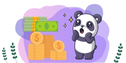 Ein Zeichentrickpanda blickt erstaunt auf einen großen Stapel Münzen und einen Haufen Dollarscheine.