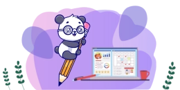 Ein Panda mit Brille sitzt auf einem Bleistift und schaut auf einen Laptop, auf dem eine Kalender- und eine Bewertungsseite geöffnet sind.