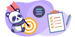 A cartoon panda aiming an arrow at a target with a Solana logo and checklist.