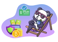 Cartoon panda wearing sunglasses relaxes on a lounge chair with a drink, next to stacks of money, a Bitcoin, and a checkmark on a green card.