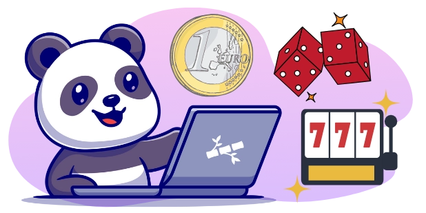 Ein Cartoon-Panda lächelt, während er an einem Laptop mit einem Bambus-Icon auf dem Bildschirm arbeitet, neben einer Euro-Münze, zwei Würfeln und einem Spielautomaten, der "777" anzeigt.