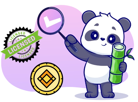 Ein Cartoon-Panda hält eine Lupe mit einem Häkchen und einem Stück Bambus. Außerdem sind ein 'Licensed'-Siegel und das Binance Coin-Logo zu sehen.