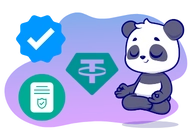 Cartoon panda meditating, with blue checkmark, Tether logo, and secured document icon.