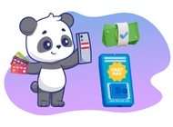 Cartoon panda with credit cards, a smartphone displaying Fast Pay, and a stack of cash with a checkmark.