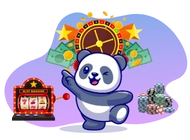 Cartoon panda excitedly points towards a roulette wheel, money, poker chips, and a slot machine.