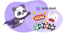 Cartoon panda superhero with Solana, casino chips, cards, and dice.