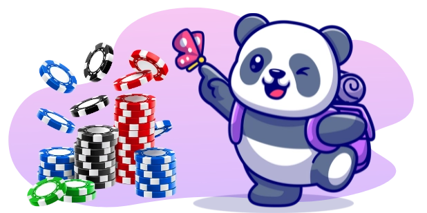 Ein zwinkernder Cartoon-Panda mit einem Rucksack zeigt auf einen Schmetterling auf seinem Finger, mit verstreuten Pokerchips im Hintergrund.