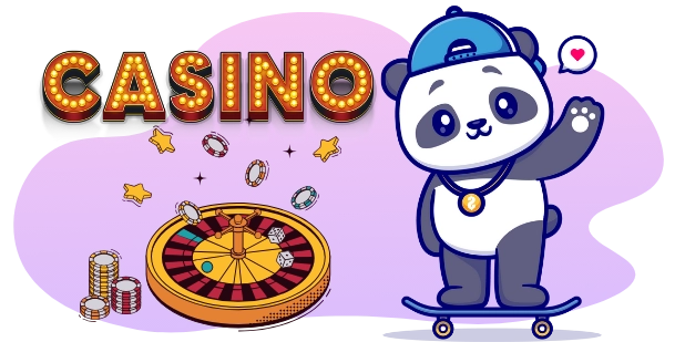 Ein Cartoon-Panda auf einem Skateboard winkt neben einem hell erleuchteten "CASINO"-Schild, einem Roulette-Rad, Pokerchips und Sternen.