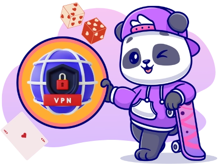 Ein Panda bewirbt ein VPN (dargestellt durch Globus mit Schloss) und hält ein Skateboard. Spielwürfel und eine Spielkarte sind im Hintergrund.