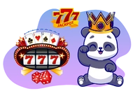 Ein Cartoon-Panda mit einer Krone sitzt neben einem 777 Jackpot-Casino-Banner mit Spielkarten und Würfeln.