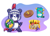 Cartoon panda gladiator with helmet, shield, sword, roulette, slot machine, and phone with cards.