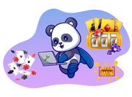 Cartoon panda in a superhero cape plays casino games on a laptop, with a slot machine, cards, chips