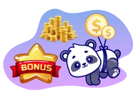 Cartoon panda walks with dollar sign balloons tied to its back, next to a gold bonus star and stacks of coins.