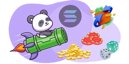 Cartoon panda on a rocket with Solana, coins, chips, and a wallet.