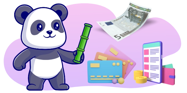 Ein Cartoon-Panda hält einen grünen Bambusstock, mit einem 5-Euro-Schein, Kreditkarten und einem Smartphone, das eine Banking-App anzeigt, im Hintergrund.