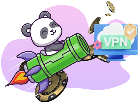 Ein Panda nutzt ein VPN (dargestellt durch Bildschirm und Schloss) und fliegt auf einer Rakete davon, umgeben von Casinochips.