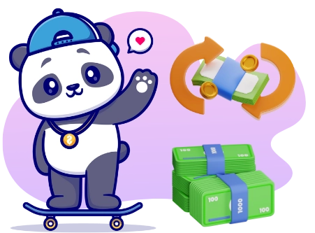 Ein Cartoon-Panda mit Basecap und Halskette auf einem Skateboard, der winkt, mit einem Symbol für eine Geldtransaktion und einem Stapel von Geldscheinen im Hintergrund.