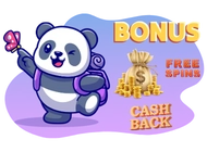 Cartoon panda with butterfly on finger, bonus bag with money, and 