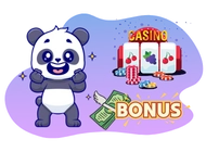 Cartoon Panda at a slot machine with a casino bonus.