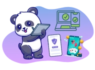 Cartoon panda uses a tablet, with a laptop, phone, and document displaying checkmarks and a lock icon in the background.