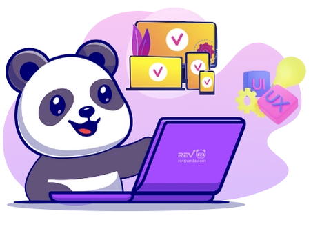 Ein Cartoon-Panda lächelt, während er an einem lila Laptop arbeitet, auf dem das Revpanda-Logo angezeigt wird, mit verschiedenen Bildschirmen im Hintergrund, die Häkchen und UI/UX-Design-Elemente zeigen.