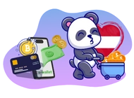 Cartoon-Panda mit Münzen, Bitcoin-Telefon und österreichischer Flagge.