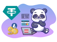 Cartoon panda with laptop, Tether and Litecoin logos, and credit cards.