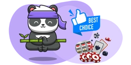 Cartoon panda with a Best Choice label, playing cards, chips, and a slot machine.