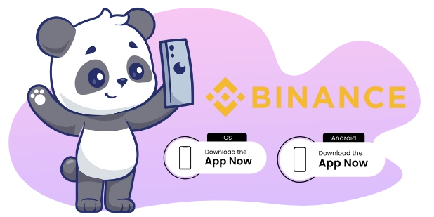 Ein süßer Panda hält ein Smartphone mit der Binance-App. Der Text lautet 'Lade die App jetzt herunter' für iOS und Android.