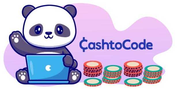 Ein Cartoon-Panda sitzt vor einem Laptop und winkt, während im Vordergrund das "CashtoCode"-Logo und mehrere Stapel bunter Spieljetons zu sehen sind.