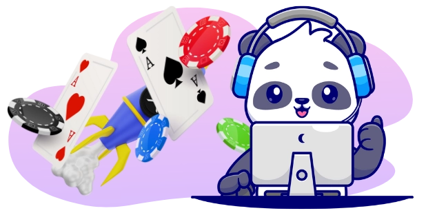 Ein Cartoon-Panda mit Headset sitzt am Computer, zeigt einen Daumen hoch, während im Hintergrund Spielkarten und Pokerchips fliegen.