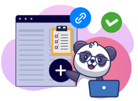 Ein Cartoon-Panda mit Brille arbeitet an einem Laptop, mit einem Website-Mockup im Hintergrund, das eine Checkliste, ein Pluszeichen, ein Link-Symbol und ein Häkchen zeigt.