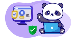 Cartoon panda waving hello, with a secure computer and a protected laptop.