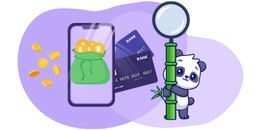 Panda inspecting mobile banking on a smartphone with a magnifying glass, credit cards, and coins.