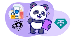 Cartoon panda with security icons on phone, lock, user icon, and Tether logo.