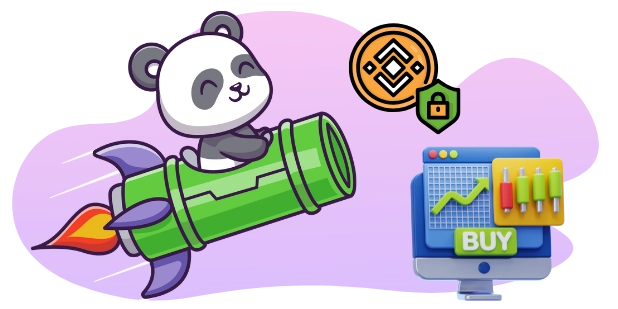 Ein Panda fährt auf einer Bambus-Rakete auf ein Binance Coin mit einem Schloss-Symbol zu. Ein Computerbildschirm zeigt einen Graphen und einen 'BUY'-Button.