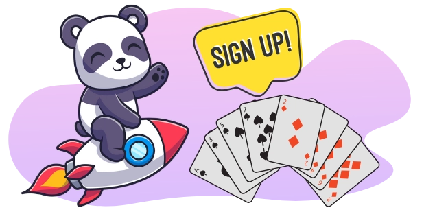 Ein Cartoon-Panda reitet auf einer Rakete und winkt, während eine Sprechblase mit "SIGN UP!" und Spielkarten im Hintergrund zu sehen sind.