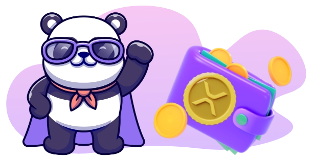 Ein Cartoon-Panda mit Sonnenbrille und Umhang zeigt auf eine lila Geldbörse mit Ripple-Logo und einigen Münzen.