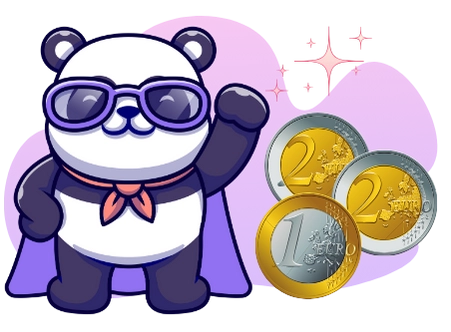 Ein cooler Cartoon-Panda mit Sonnenbrille und Umhang deutet auf Euro-Münzen mit einem funkelnden Lichteffekt.