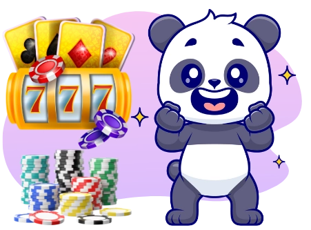 Ein Cartoon-Panda pumpt begeistert seine Fäuste neben einem Spielautomaten, der 