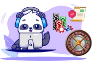 Cartoon panda with headphones, laptop, chips, and roulette wheel.