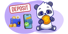 Cartoon panda holding a coin with a dollar sign, next to a deposit sign, a wallet, and a phone showing a wallet app with a checkmark.