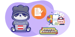 Panda with laptop, document icon, and casino games, reading terms and conditions.