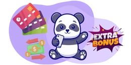 Ein Cartoon-Panda hält ein Telefon in der Hand, daneben liegen Kreditkarten und Bargeld sowie ein „Extra-Bonus“-Banner.