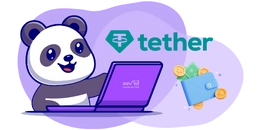 Cartoon panda with Tether logo, using laptop, and showing wallet with coins.