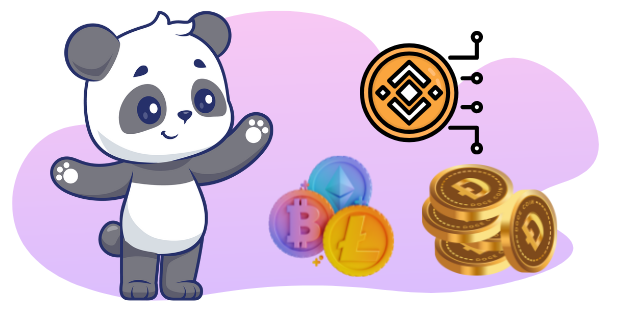 Ein süßer Panda zeigt auf ein Binance Coin, während andere Kryptowährungs-Münzen wie Bitcoin und Ethereum in der Nähe sind.