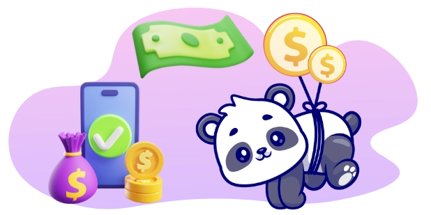 Ein Cartoon-Panda mit großen Augen, umgeben von einem Handy mit Geldsymbol und Häkchen, einem Geldschein, Goldmünzen mit Dollarzeichen und einem gefüllten Geldsack, ebenfalls mit Dollarzeichen.