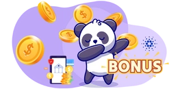 Cartoon panda with falling coins, phone displaying banking app, and BONUS sign.