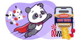 Cartoon superhero panda with a red cape, next to a phone displaying jackpot big win with scattered cards, chips, and dice